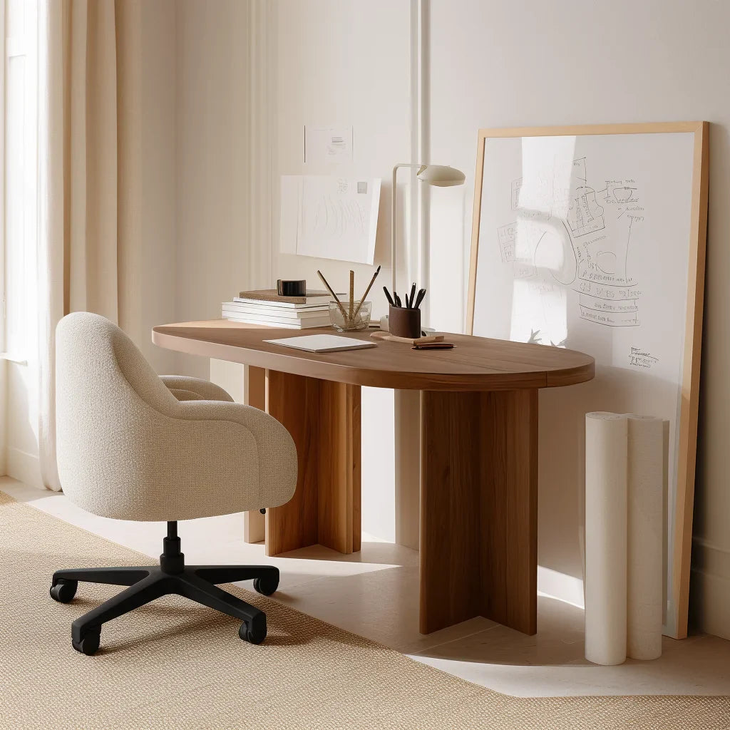 Curved edge desk styled in a serene modern home office with natural light