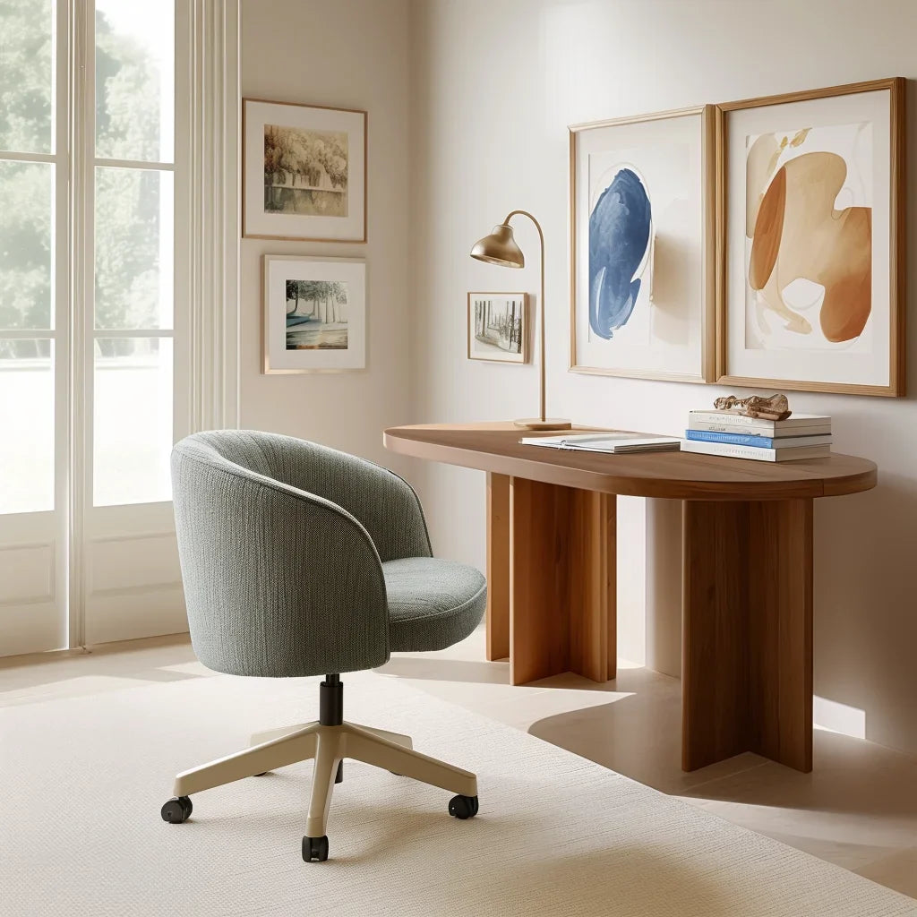 Curved edge desk styled in a serene modern home office with natural light
