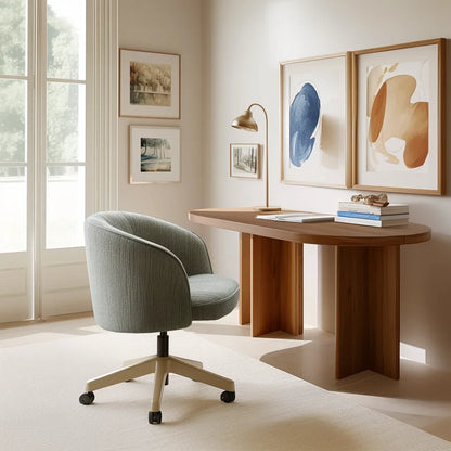 Curved edge desk styled in a serene modern home office with natural light