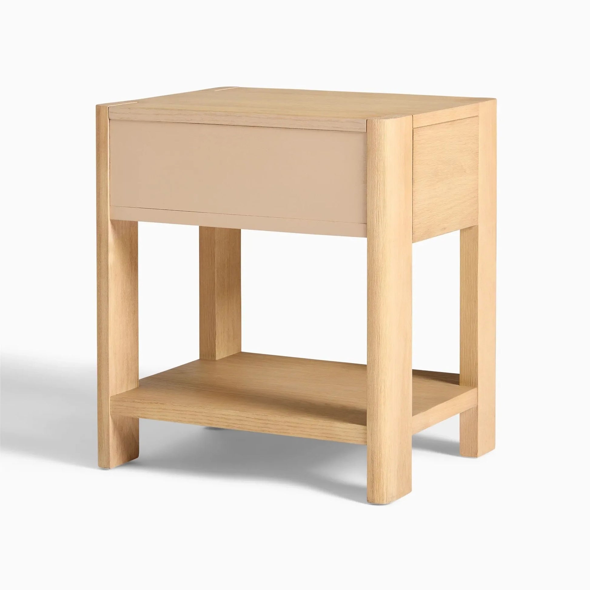 Elegant bedroom nightstand storage, featuring a drawer and open shelf