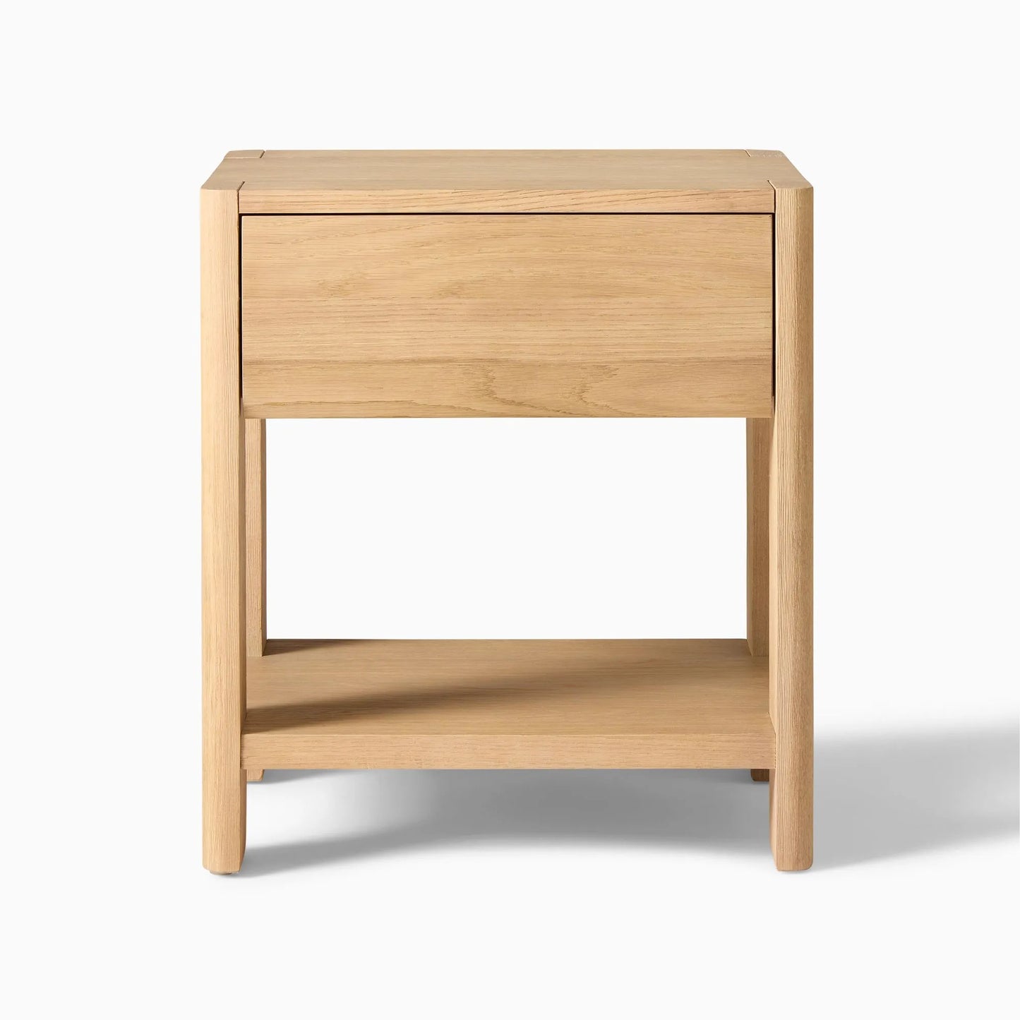 Elegant bedroom nightstand storage, featuring a drawer and open shelf