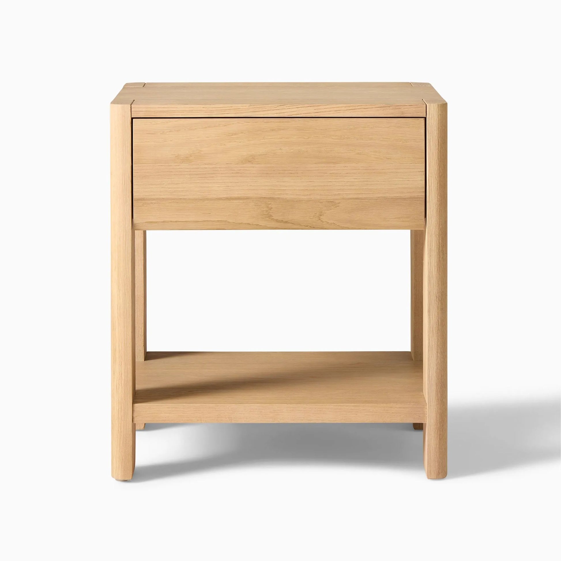 Elegant bedroom nightstand storage, featuring a drawer and open shelf