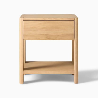 Elegant bedroom nightstand storage, featuring a drawer and open shelf