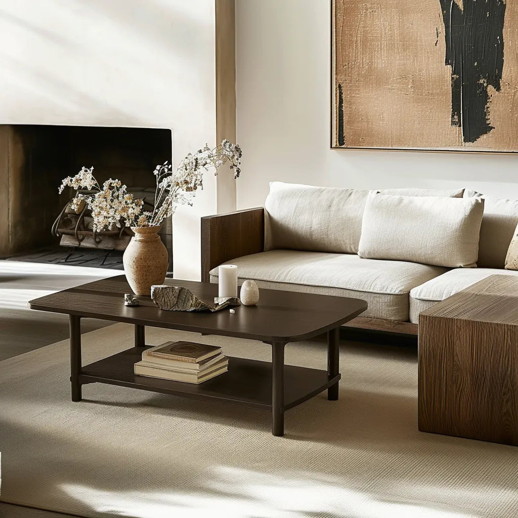 Elegant coffee table modern curved edges open storage shelf stylish centerpiece