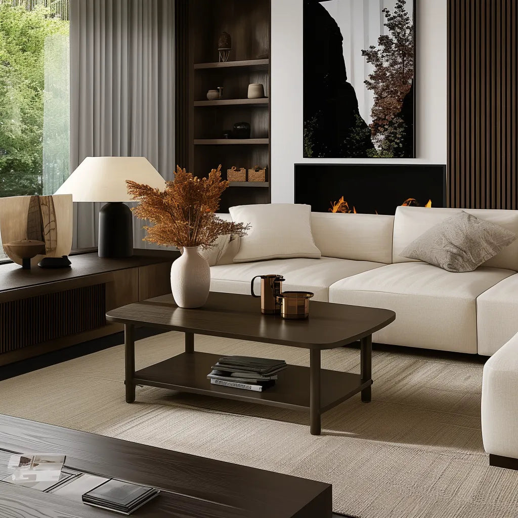 Elegant coffee table modern curved edges open storage shelf stylish centerpiece