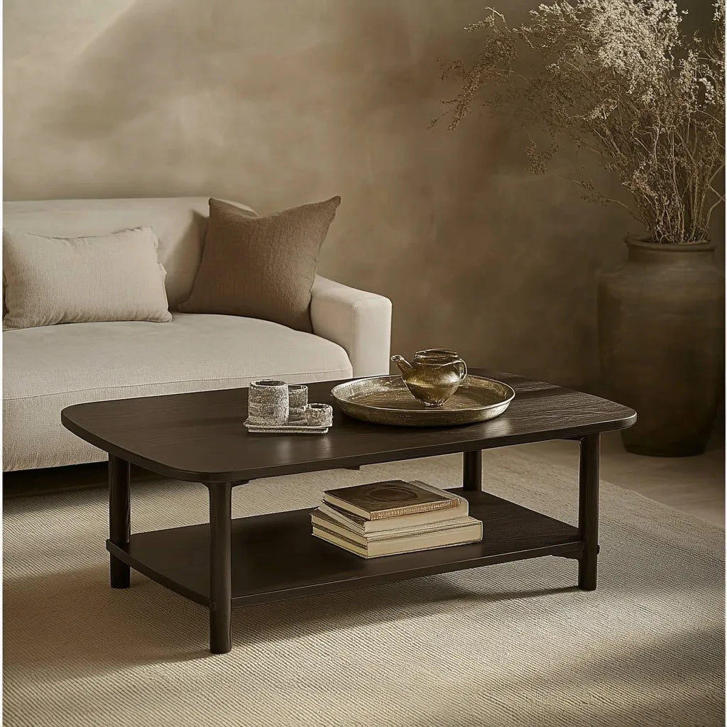 Elegant coffee table modern curved edges open storage shelf stylish centerpiece