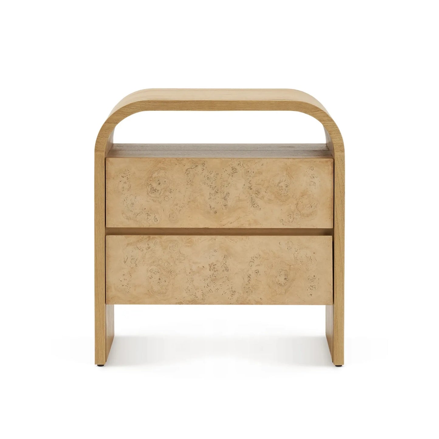 Elegant two drawer nightstand with a curved top and modern design perfect for contemporary bedrooms