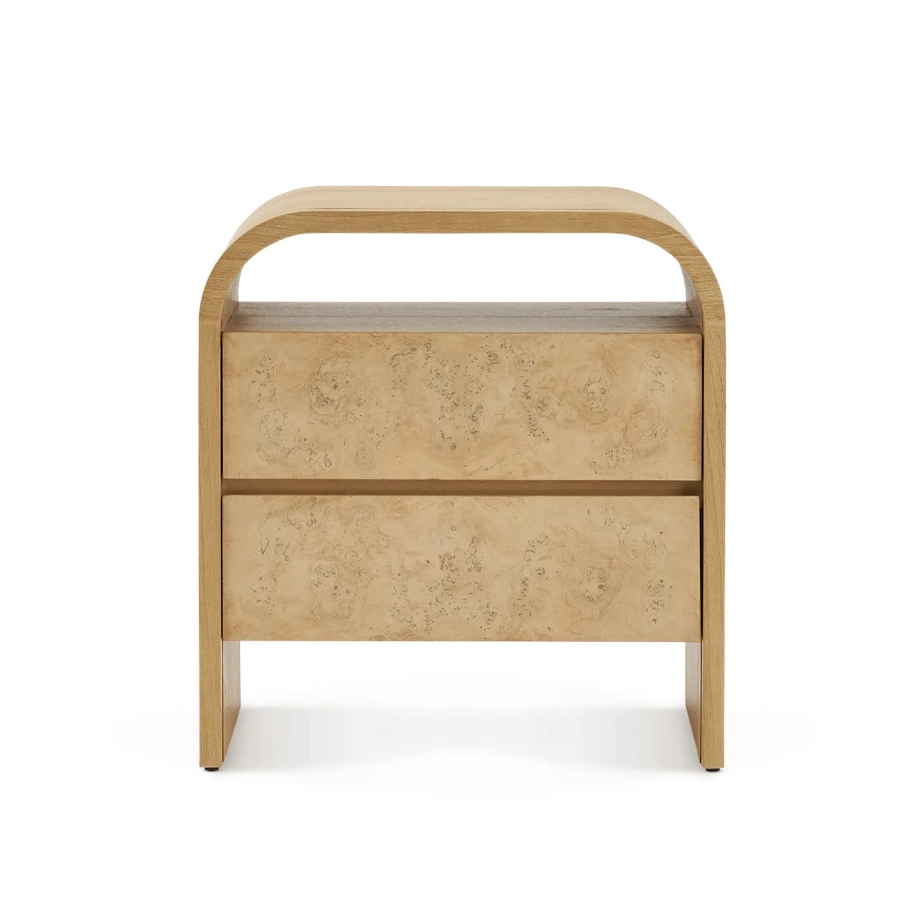 Elegant two drawer nightstand with a curved top and modern design perfect for contemporary bedrooms