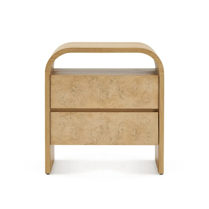 Elegant two drawer nightstand with a curved top and modern design perfect for contemporary bedrooms