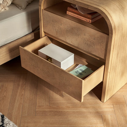 Elegant two drawer nightstand with a curved top and modern design perfect for contemporary bedrooms