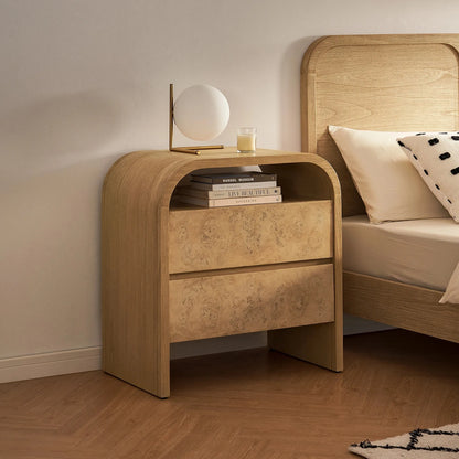 Elegant two drawer nightstand with a curved top and modern design perfect for contemporary bedrooms