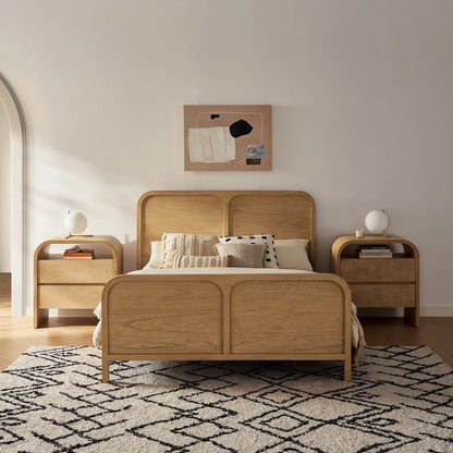 Elegant two drawer nightstand with a curved top and modern design perfect for contemporary bedrooms