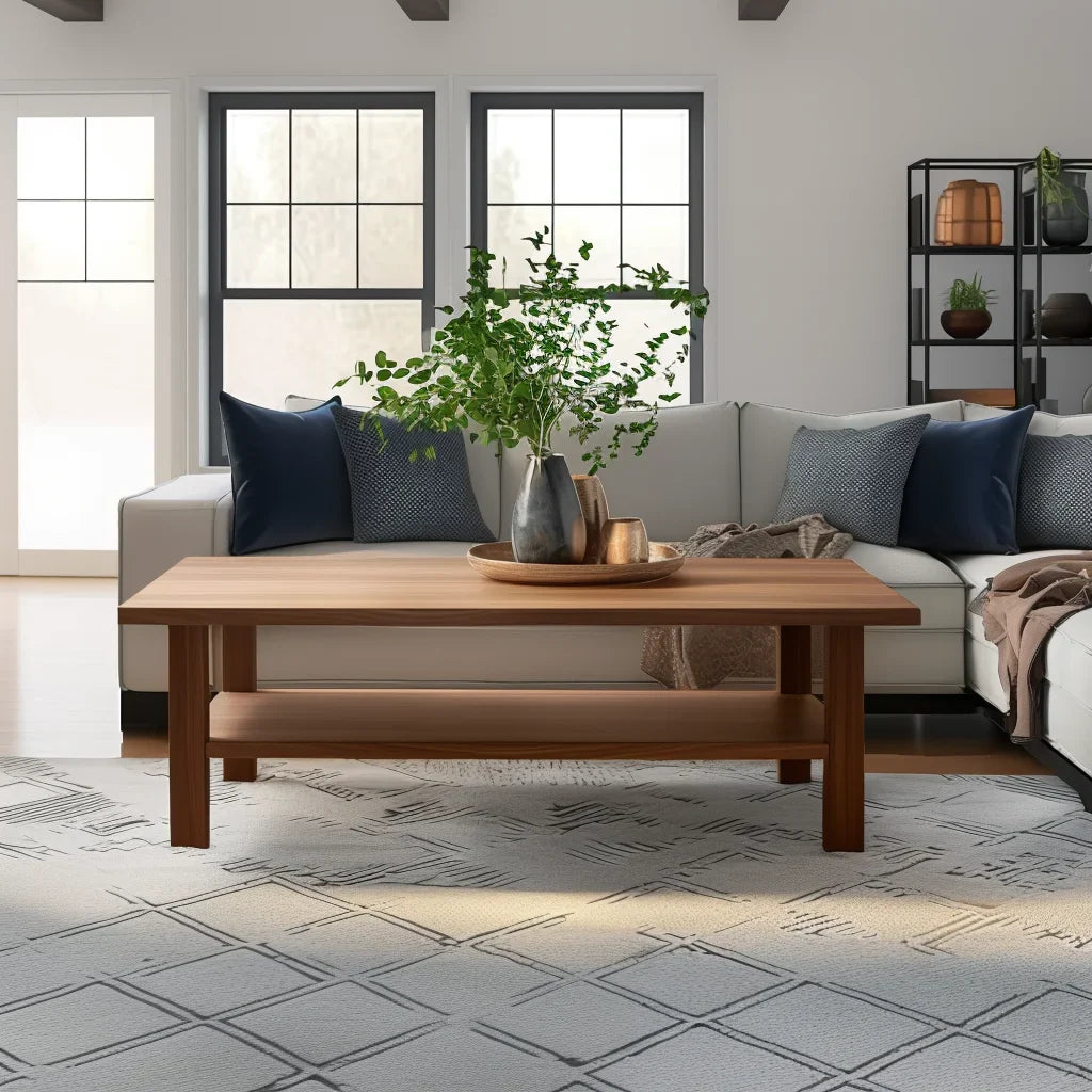 Essential coffee table with lower shelf in a modern living room with neutral tones