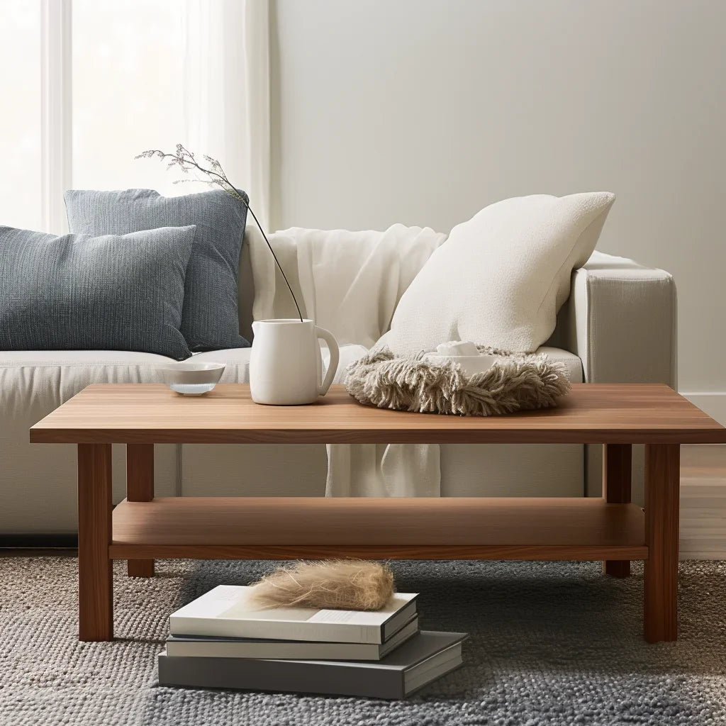 Essential coffee table with lower shelf in a modern living room with neutral tones