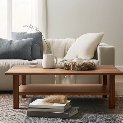 Essential coffee table with lower shelf in a modern living room with neutral tones