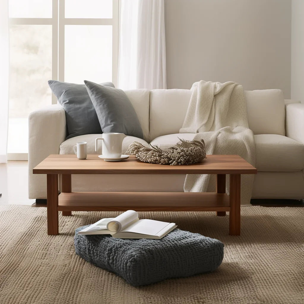 Essential coffee table with lower shelf in a modern living room with neutral tones