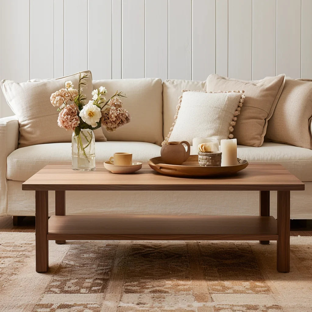 Essential coffee table with lower shelf in a modern living room with neutral tones