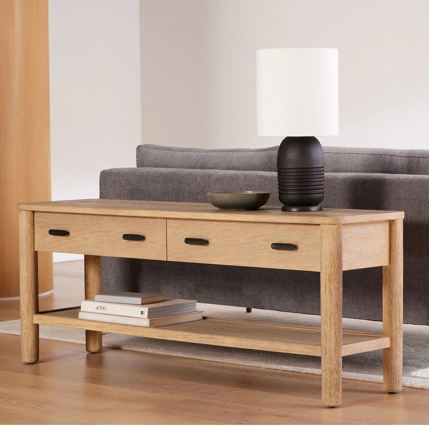 Console Table Storage Drawers Open Shelf Design