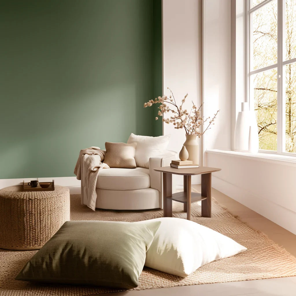 Everyday side table with square top and lower shelf styled in a cozy modern reading corner