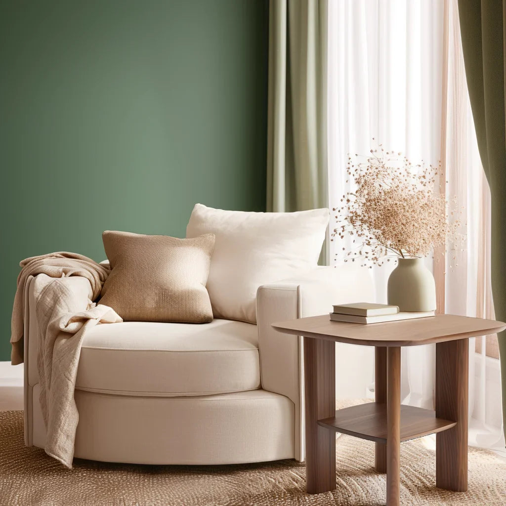 Everyday side table with square top and lower shelf styled in a cozy modern reading corner