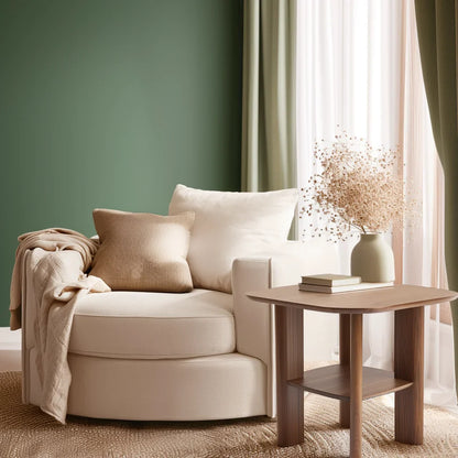 Everyday side table with square top and lower shelf styled in a cozy modern reading corner