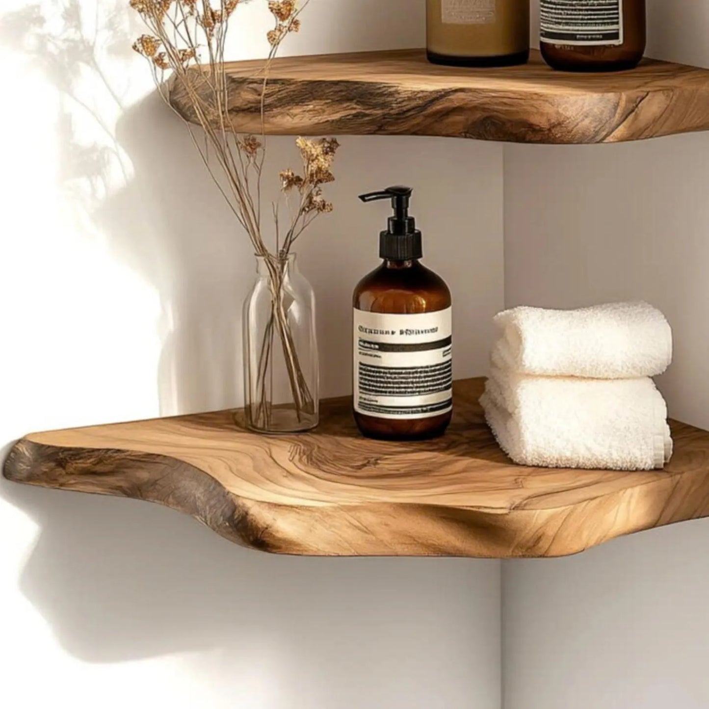 Floating Corner Shelf Live Edge minimalist bathroom storage with decorative accents