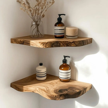 Floating Corner Shelf Live Edge minimalist bathroom storage with decorative accents