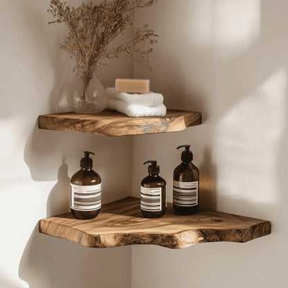 Floating Corner Shelf Live Edge minimalist bathroom storage with decorative accents