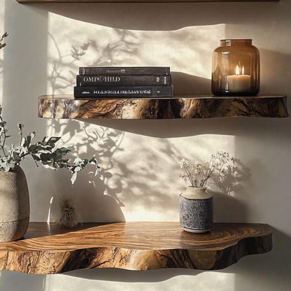 Floating Shelf Decorative Live Edge elegant wall display with books and candles
