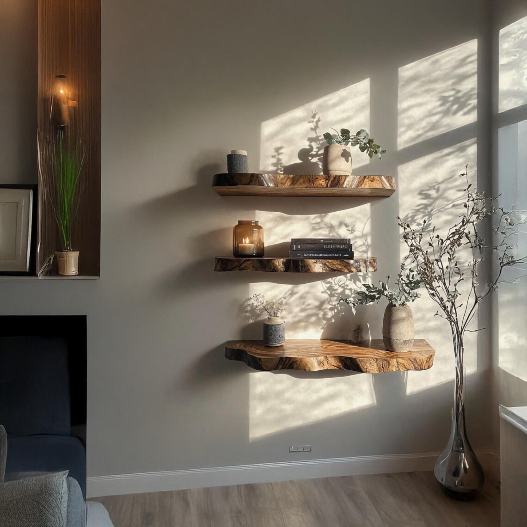 Floating Shelf Decorative Live Edge elegant wall display with books and candles