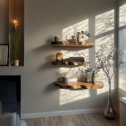 Floating Shelf Decorative Live Edge elegant wall display with books and candles