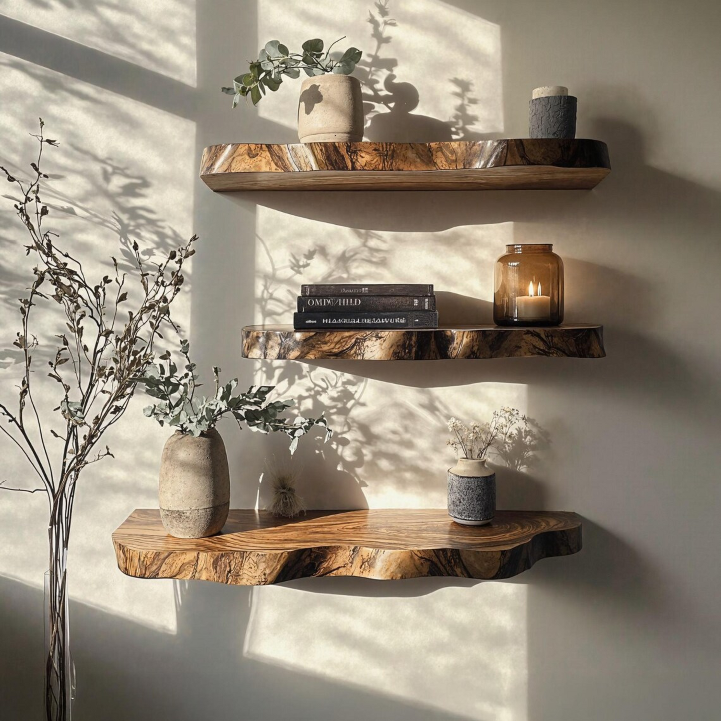 Floating Shelf Decorative Live Edge elegant wall display with books and candles