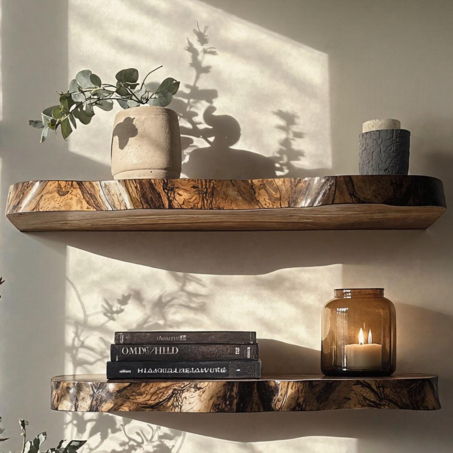 Floating Shelf Decorative Live Edge elegant wall display with books and candles