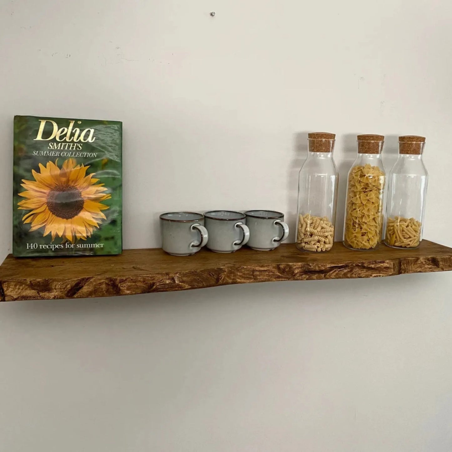 Floating Shelf Handcrafted Rustic decorative wall display with books and kitchen essentials