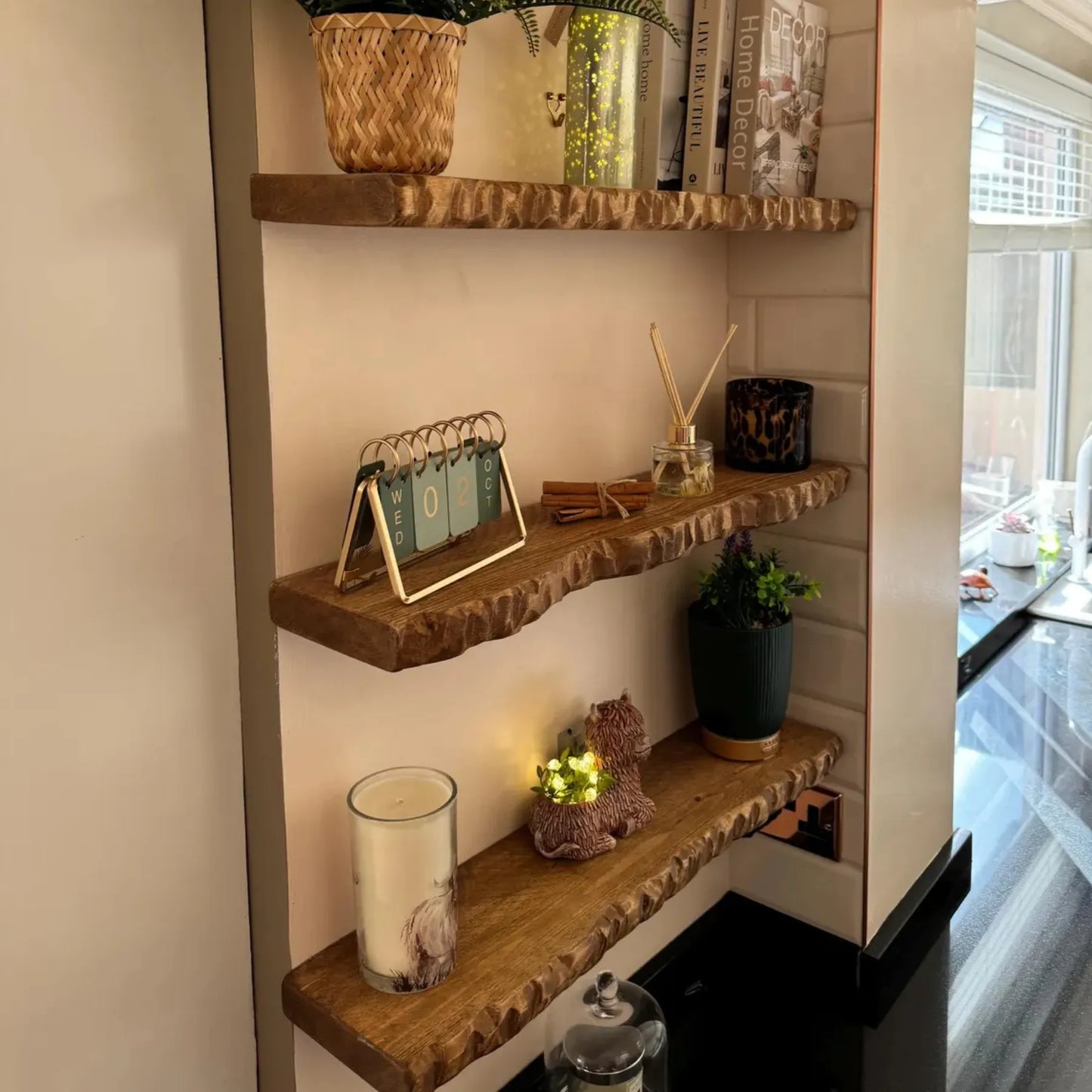 Floating Shelf Handcrafted Rustic decorative wall display with books and kitchen essentials