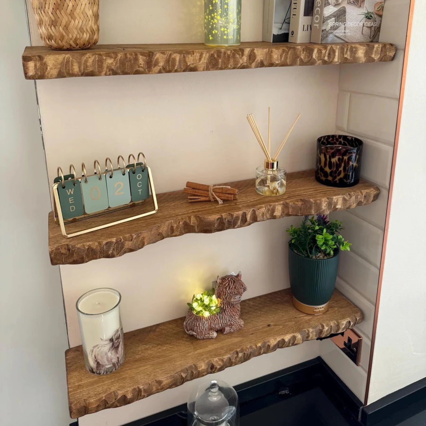Floating Shelf Handcrafted Rustic decorative wall display with books and kitchen essentials