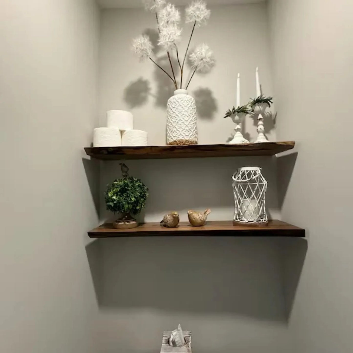 Floating Shelf Live Edge minimalist wall décor with decorative accents