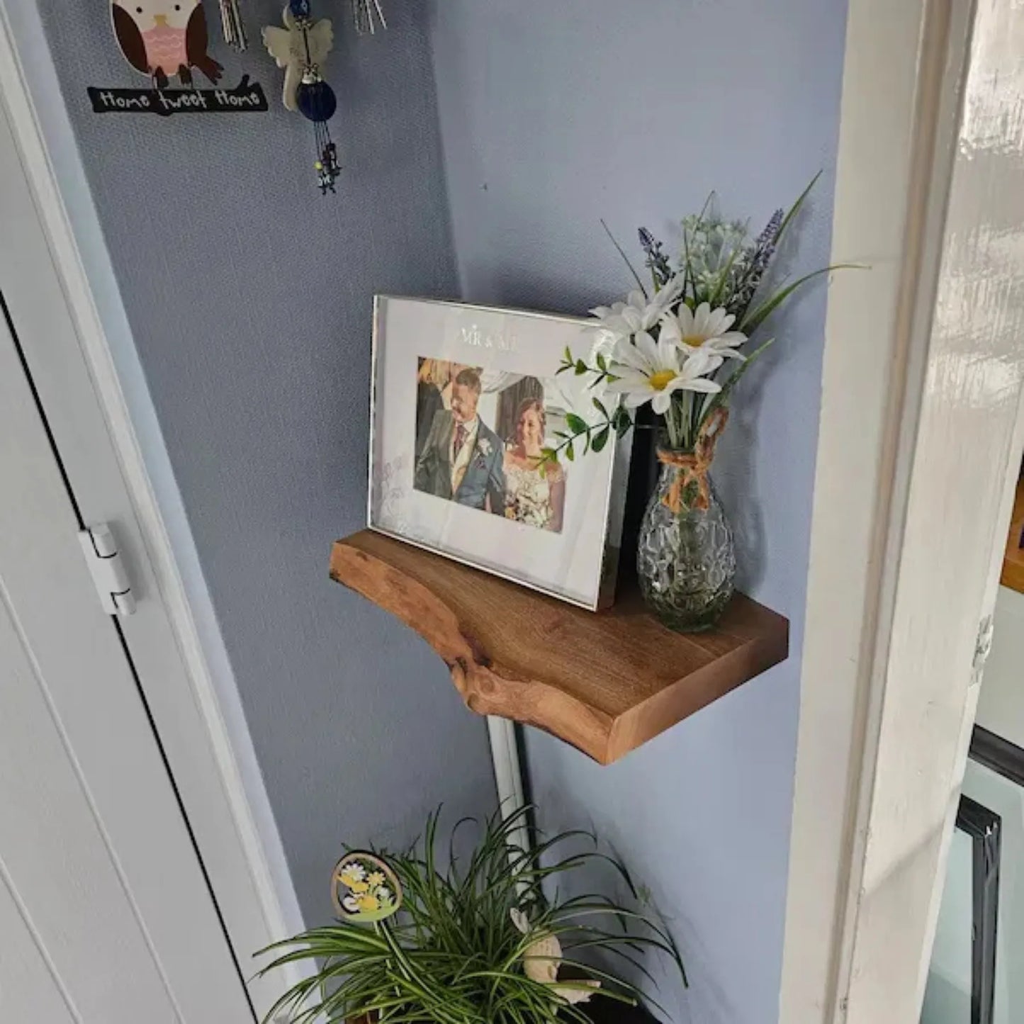 Floating Shelf Live Edge minimalist wall décor with decorative accents