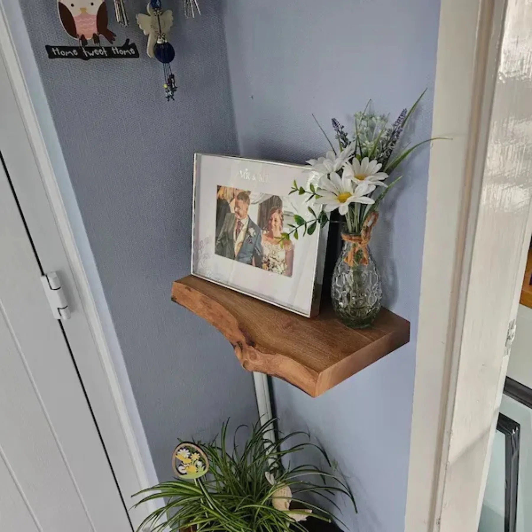 Floating Shelf Live Edge minimalist wall décor with decorative accents