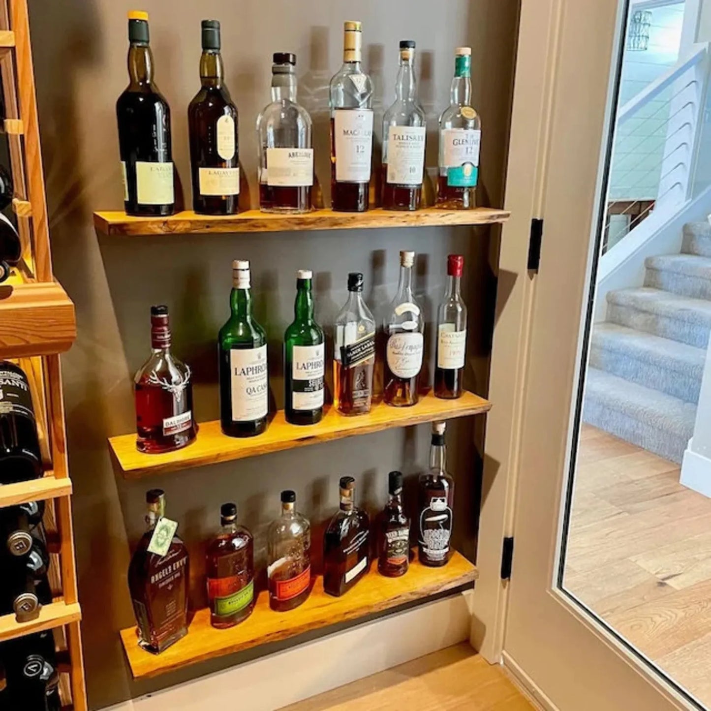 Floating Shelf Organic Edge mounted on a minimalist wall with plants and books