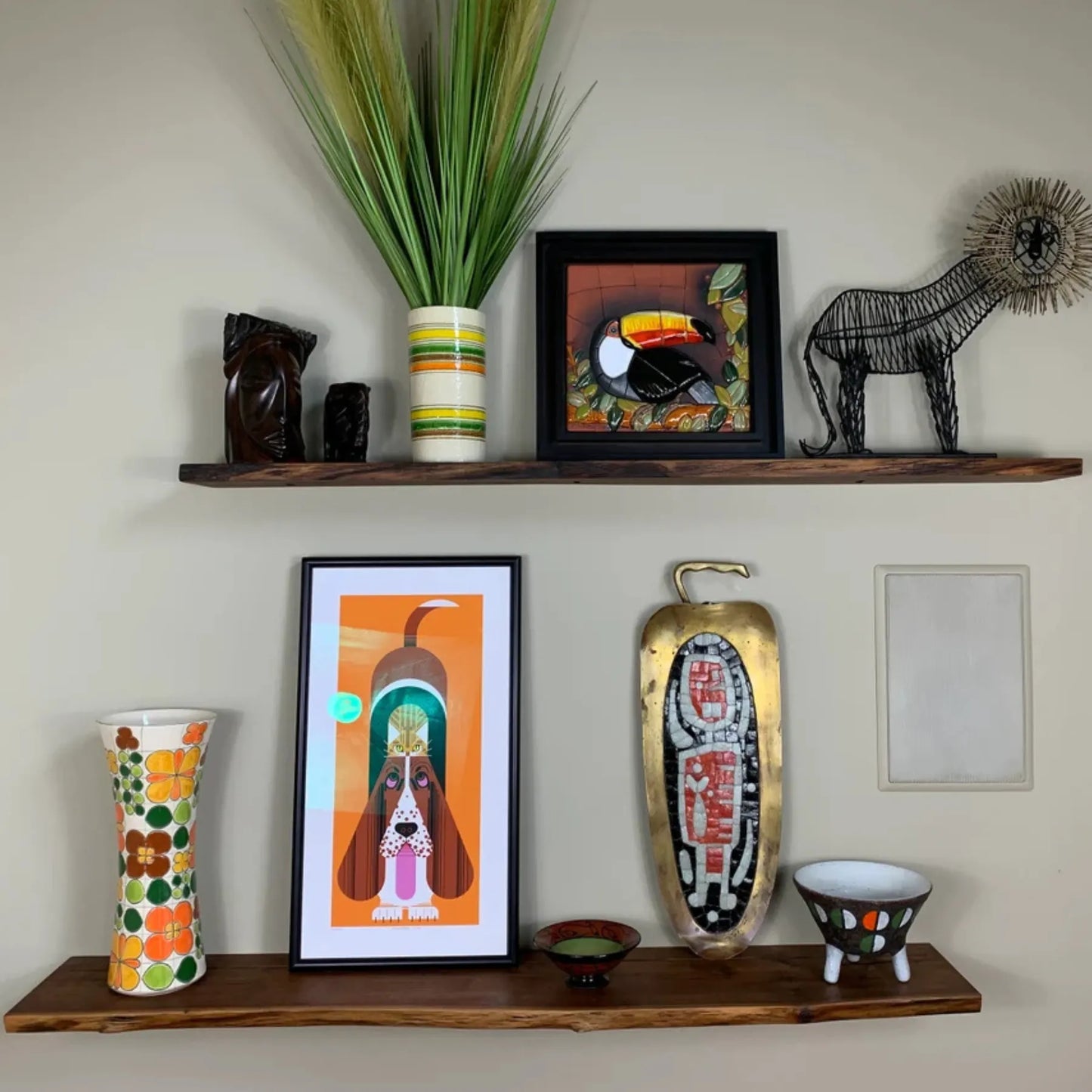 Floating Shelf Organic Edge mounted on a minimalist wall with plants and books