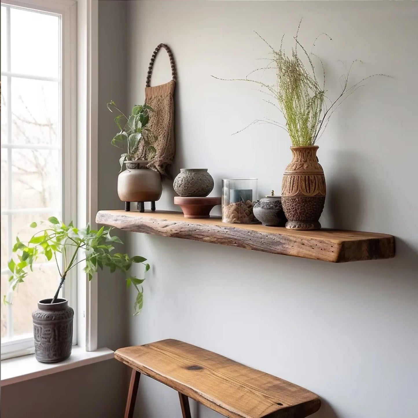 Floating shelf natural edge mounted on a wall displaying decor and plants