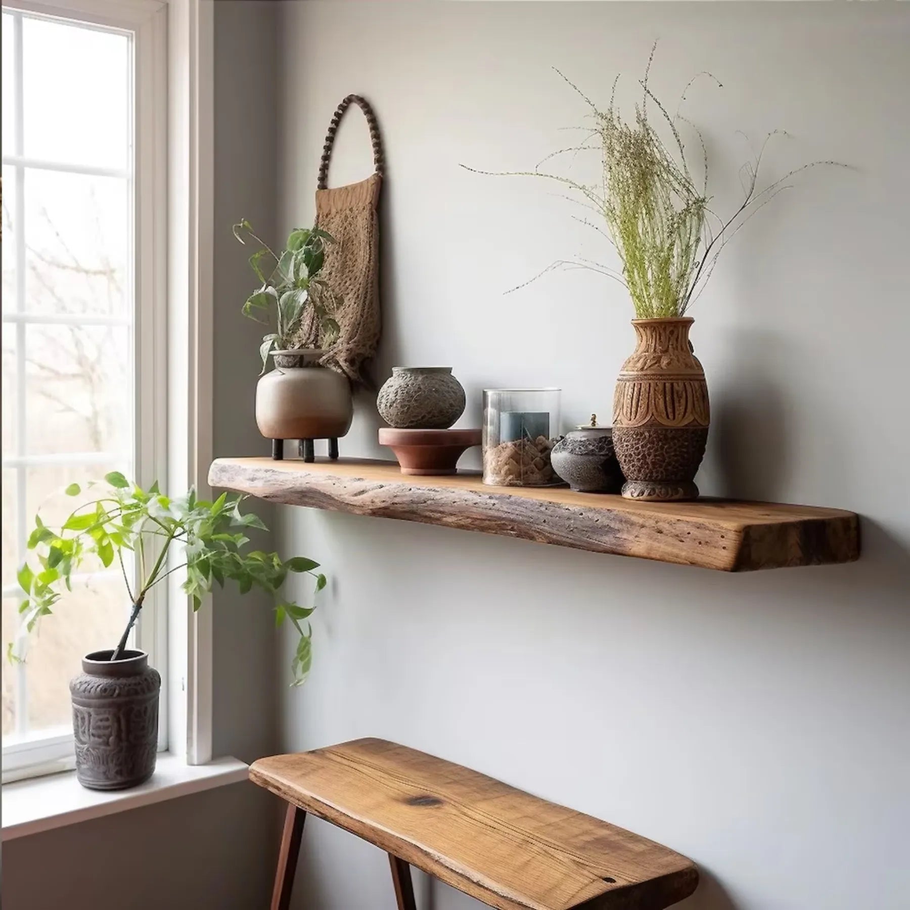 Floating shelf natural edge mounted on a wall displaying decor and plants