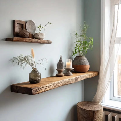 Floating shelf natural edge mounted on a wall displaying decor and plants