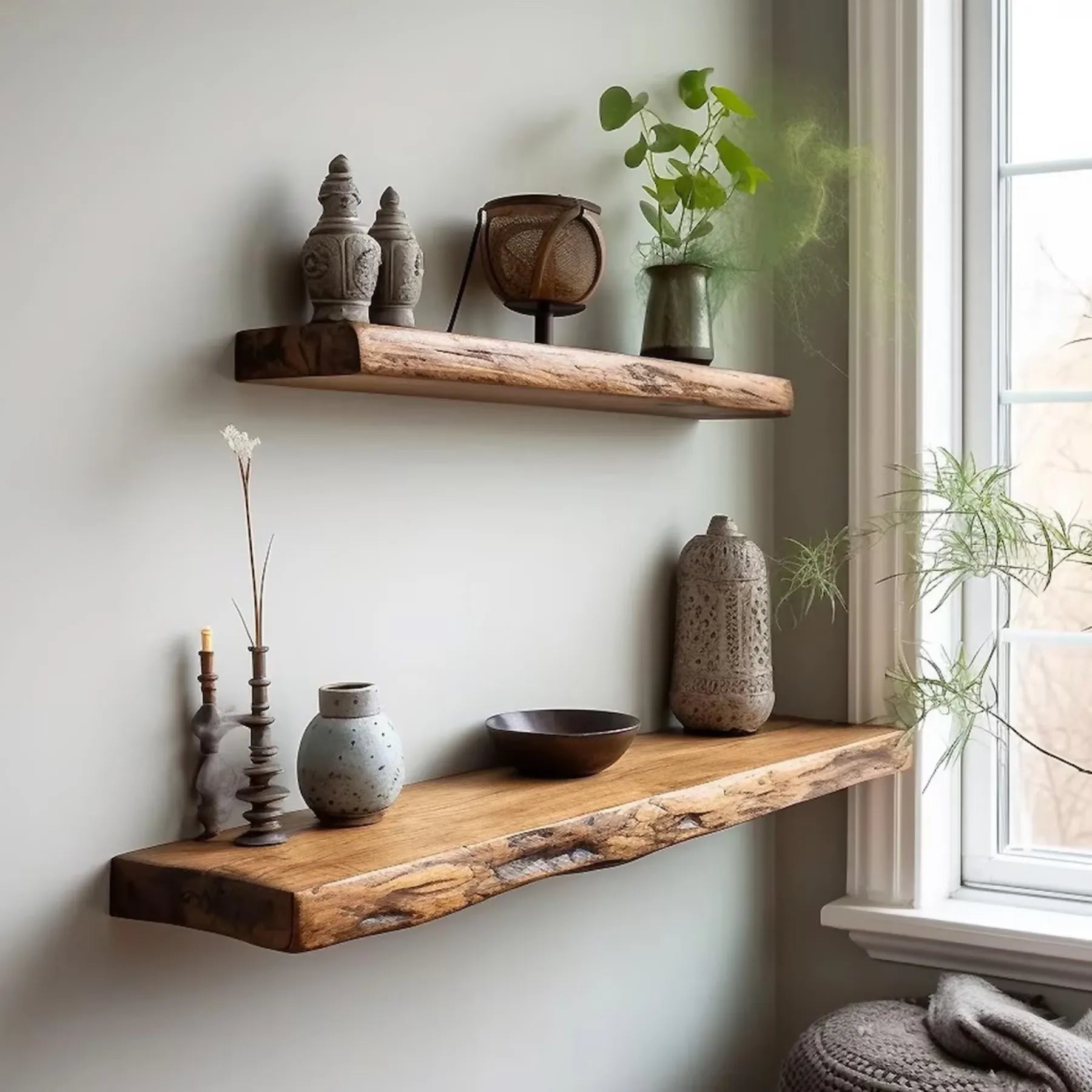 Floating shelf natural edge mounted on a wall displaying decor and plants