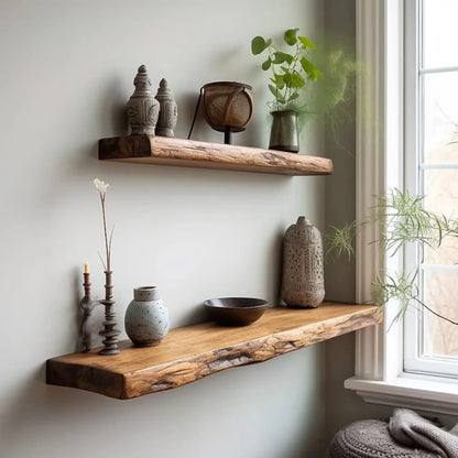 Floating shelf natural edge mounted on a wall displaying decor and plants