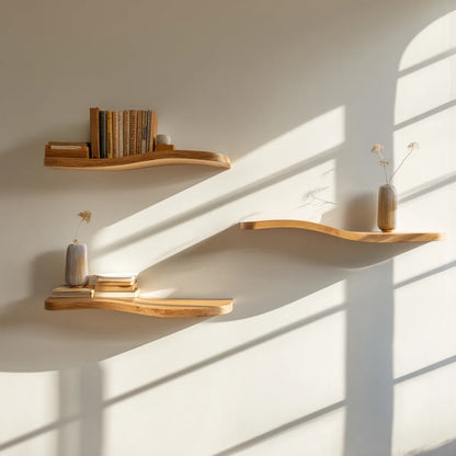 Floating wave shelf set displayed above cream sofa under soft sunlight in minimalist room