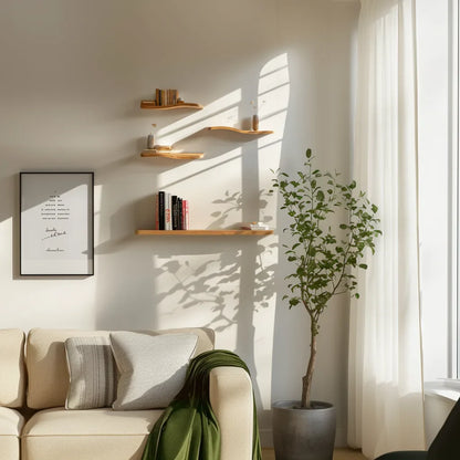 Floating wave shelf set displayed above cream sofa under soft sunlight in minimalist room
