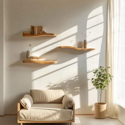 Floating wave shelf set displayed above cream sofa under soft sunlight in minimalist room