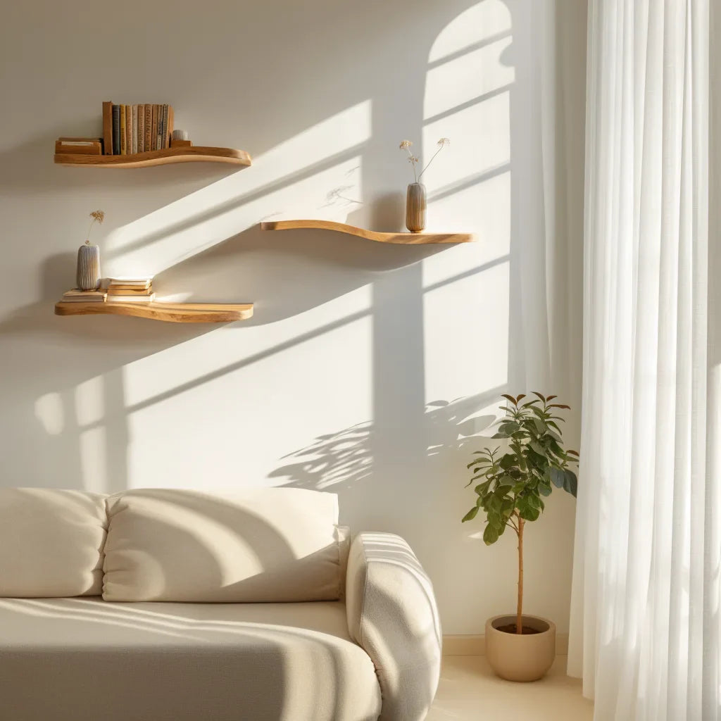 Floating wave shelf set displayed above cream sofa under soft sunlight in minimalist room